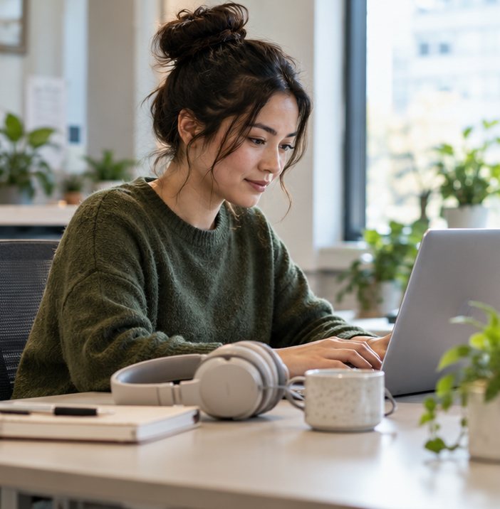 A professional studying a behaviour support course online at her desk