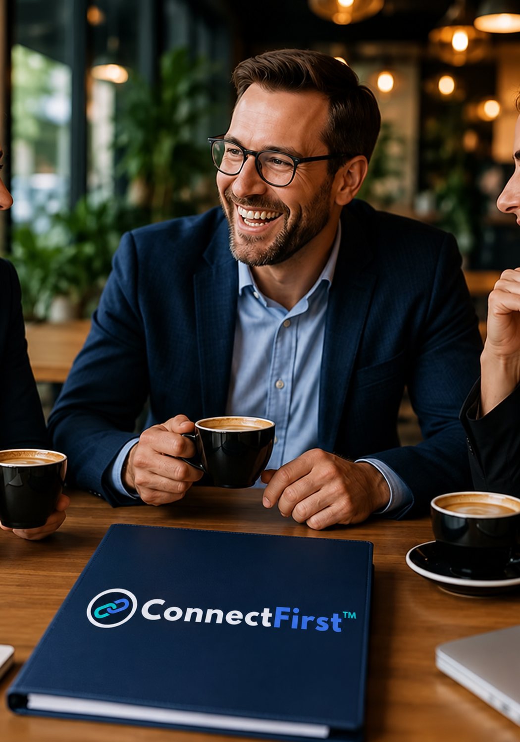 A smiling practitioner meeting colleagues over coffee with a ConnectFirst folder